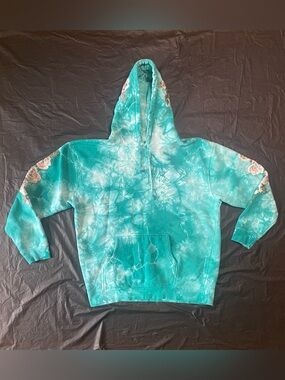 Civil Regime Teal Tie-Dye Pullover Hoodie with Floral Sleeve Details